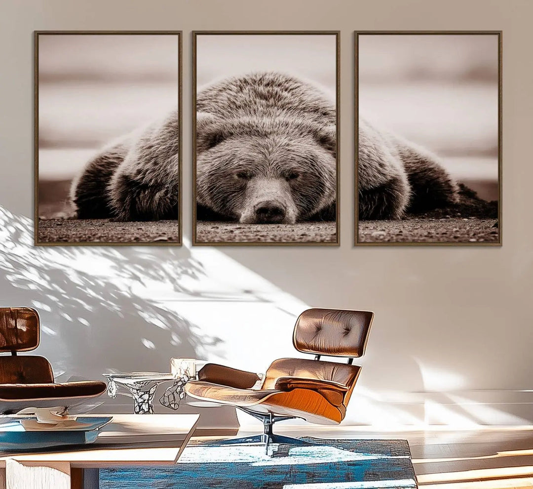 The Grizzly Bear Wall Art Print - a Rustic Bear Portrait Canvas - serves as the centerpiece on the wall, creating an elegant, nature-inspired decor.