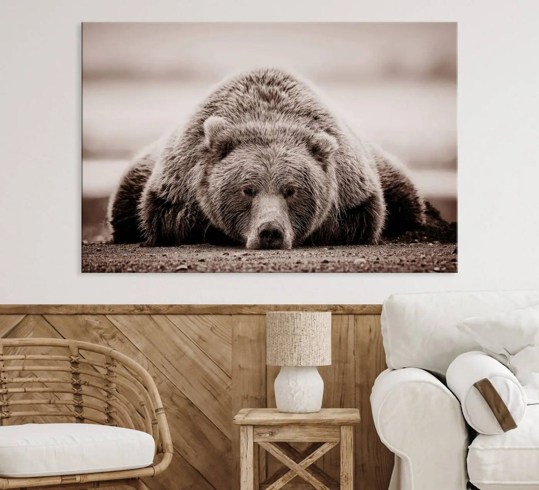 The Grizzly Bear Wall Art Print - a Rustic Bear Portrait Canvas - serves as the centerpiece on the wall, creating an elegant, nature-inspired decor.