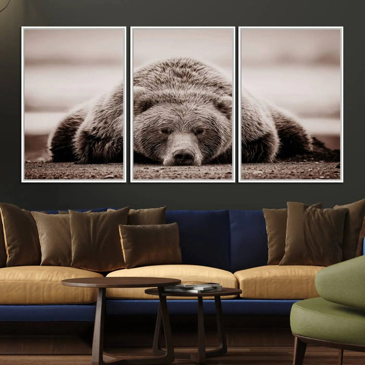 The Grizzly Bear Wall Art Print - a Rustic Bear Portrait Canvas - serves as the centerpiece on the wall, creating an elegant, nature-inspired decor.