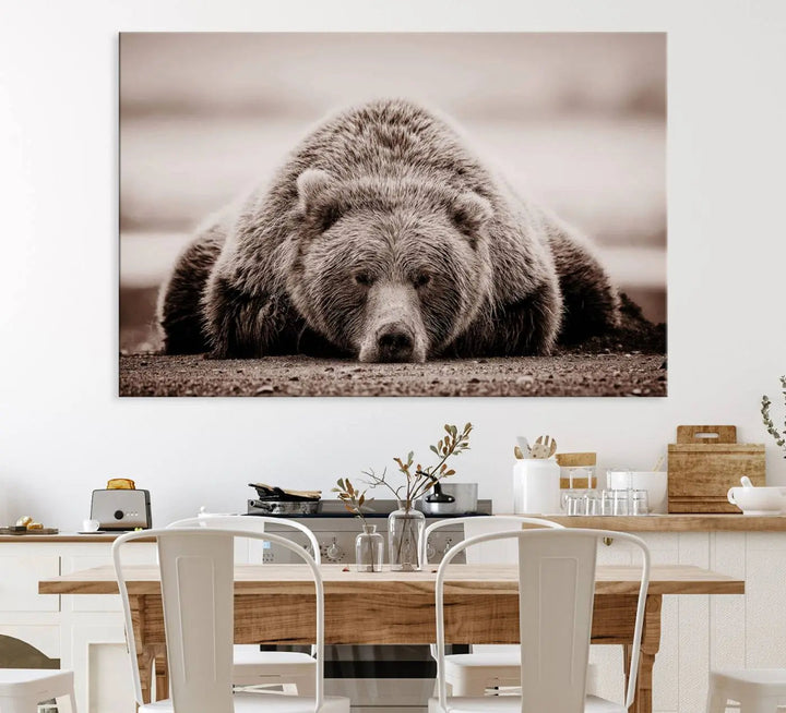 The Grizzly Bear Wall Art Print - a Rustic Bear Portrait Canvas - serves as the centerpiece on the wall, creating an elegant, nature-inspired decor.