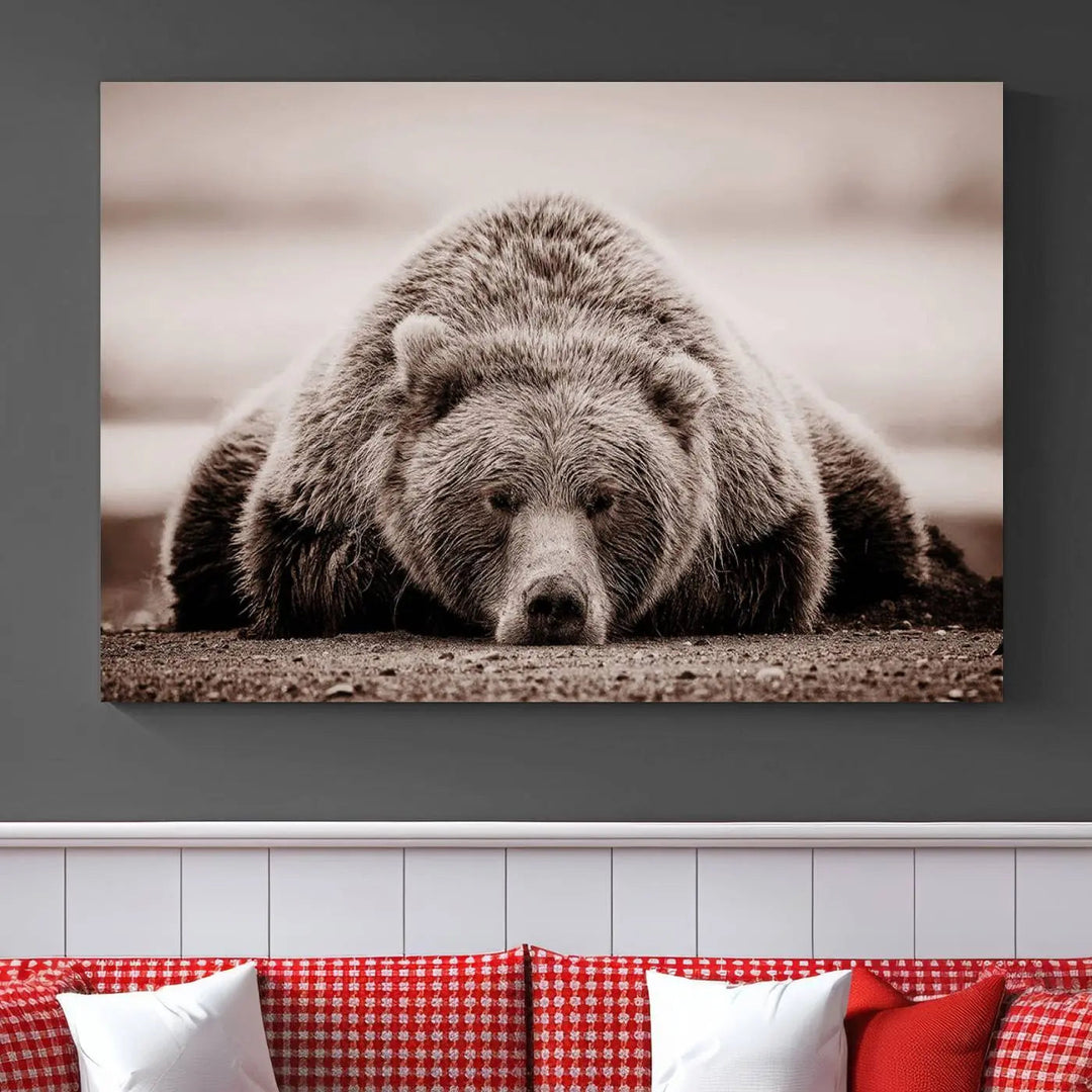 The Grizzly Bear Wall Art Print - a Rustic Bear Portrait Canvas - serves as the centerpiece on the wall, creating an elegant, nature-inspired decor.