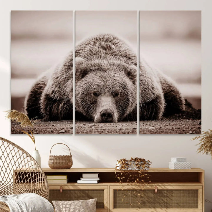 The Grizzly Bear Wall Art Print - a Rustic Bear Portrait Canvas - serves as the centerpiece on the wall, creating an elegant, nature-inspired decor.