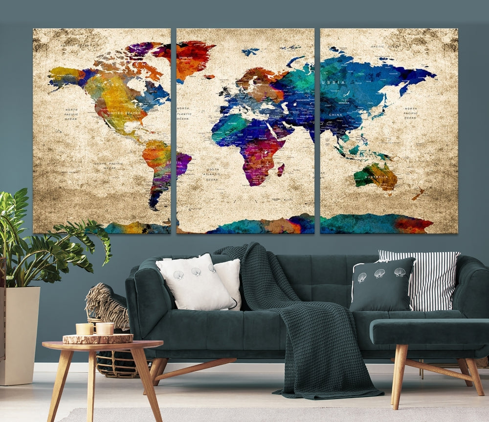 The Grunge Wall Art World Map Canvas Print is presented as a ready-to-hang triptych on museum-quality canvas.