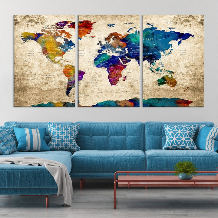 The Grunge Wall Art World Map Canvas Print is presented as a ready-to-hang triptych on museum-quality canvas.