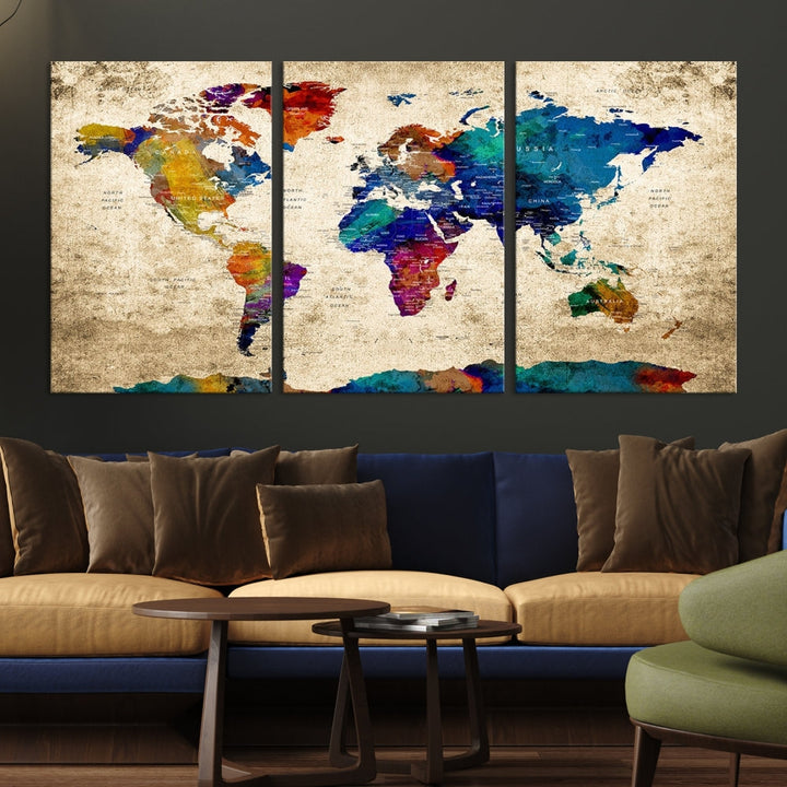 The Grunge Wall Art World Map Canvas Print is presented as a ready-to-hang triptych on museum-quality canvas.