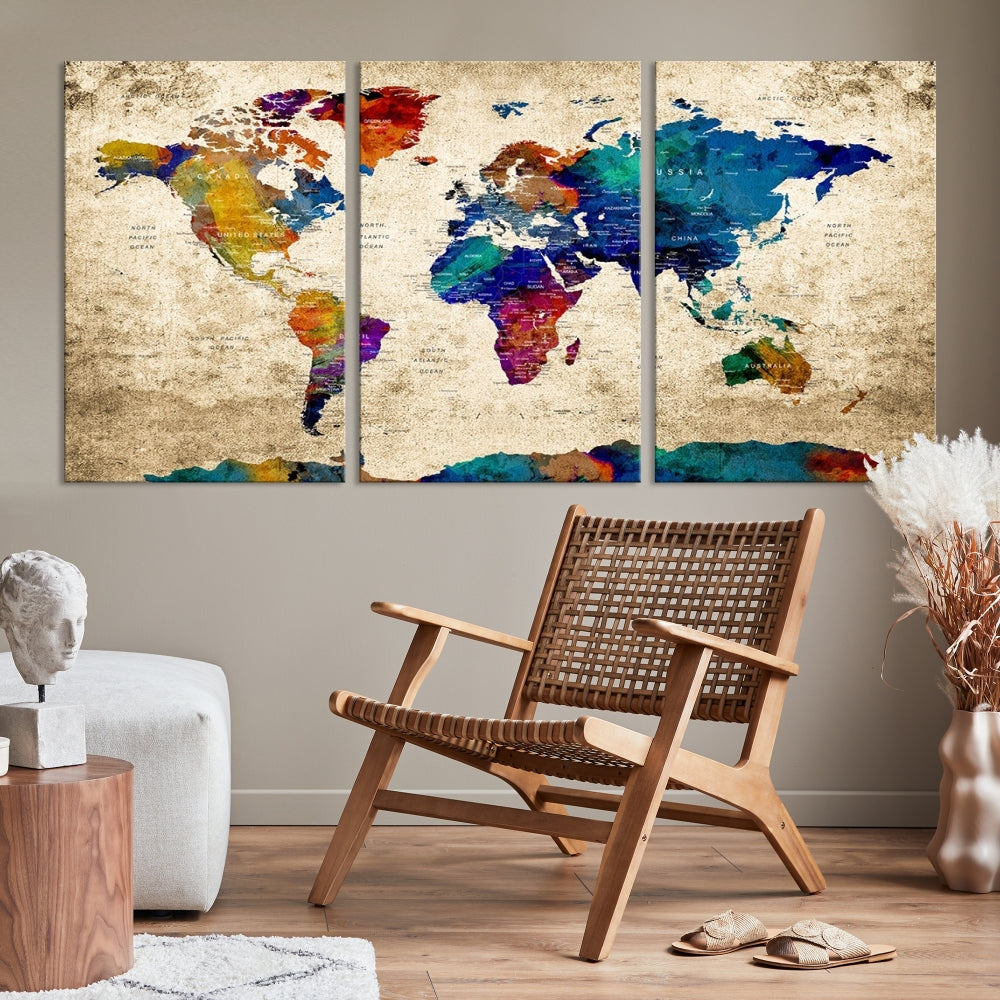 The Grunge Wall Art World Map Canvas Print is presented as a ready-to-hang triptych on museum-quality canvas.