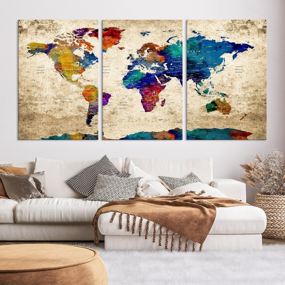 The Grunge Wall Art World Map Canvas Print is presented as a ready-to-hang triptych on museum-quality canvas.