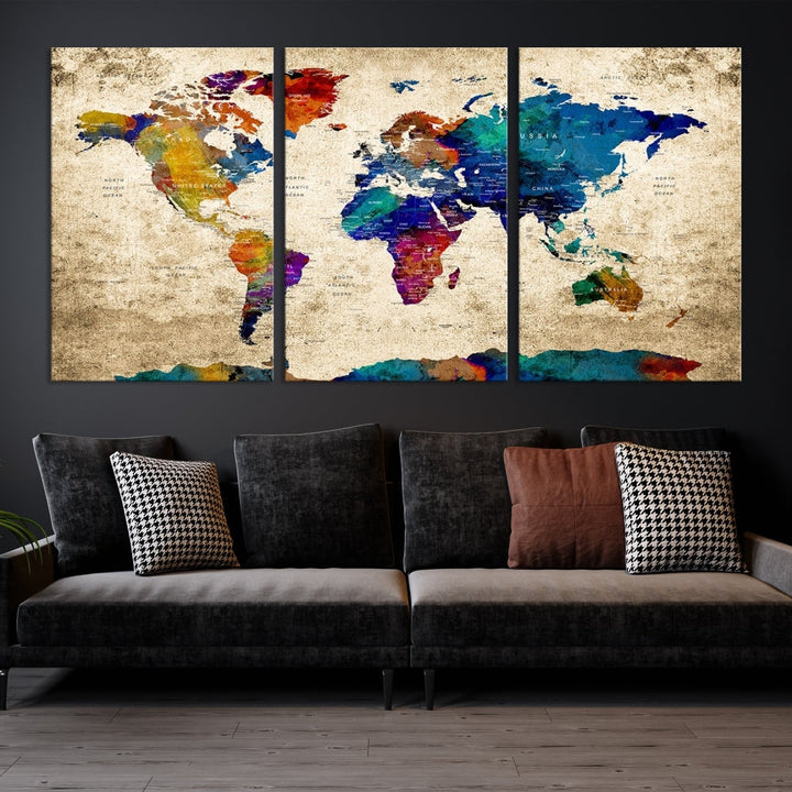 The Grunge Wall Art World Map Canvas Print is presented as a ready-to-hang triptych on museum-quality canvas.