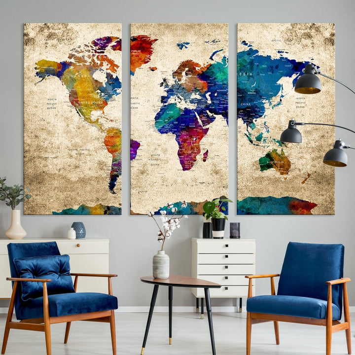 The Grunge Wall Art World Map Canvas Print is presented as a ready-to-hang triptych on museum-quality canvas.