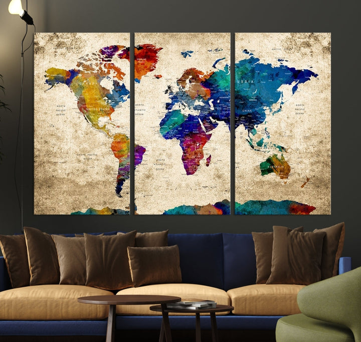 The Grunge Wall Art World Map Canvas Print is presented as a ready-to-hang triptych on museum-quality canvas.