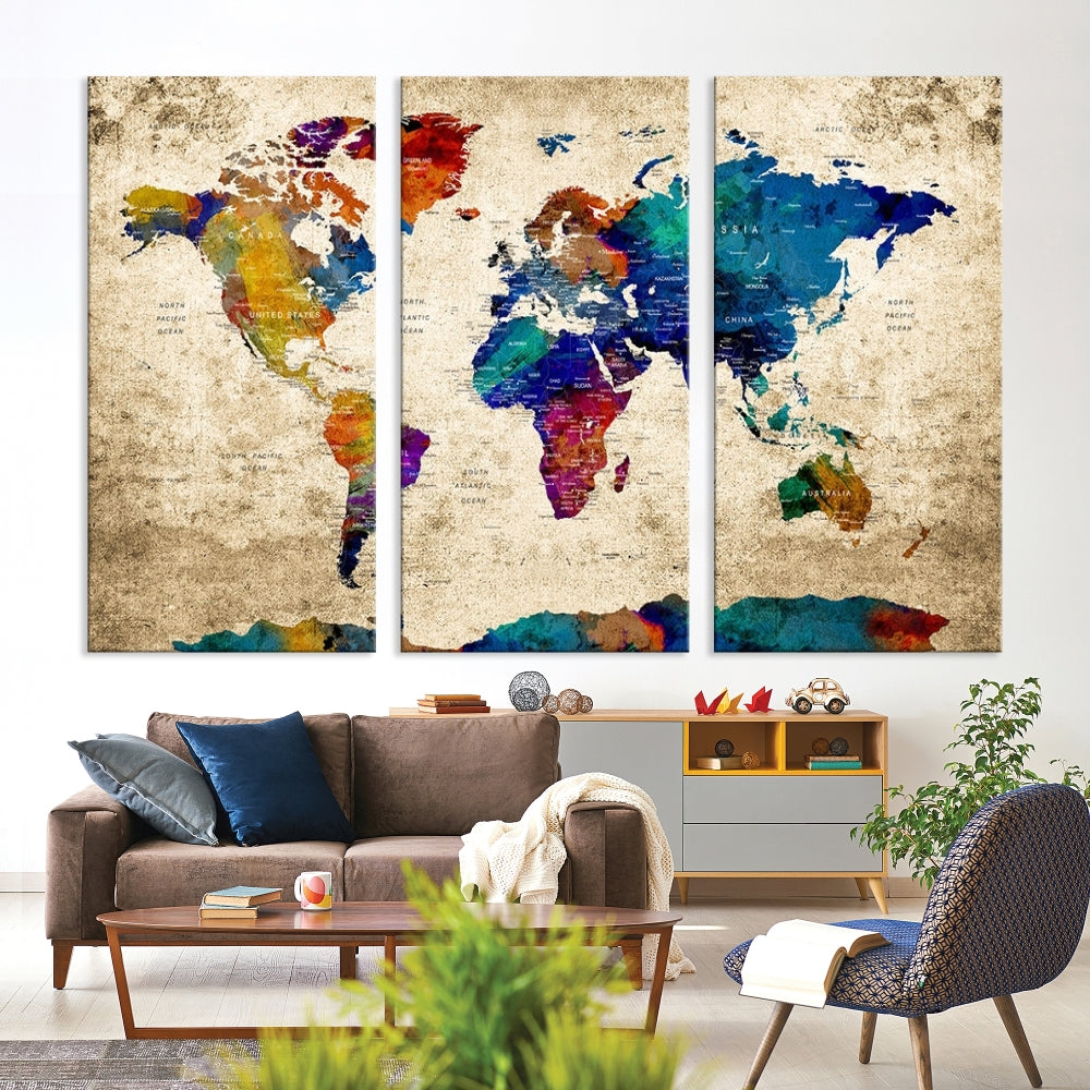 The Grunge Wall Art World Map Canvas Print is presented as a ready-to-hang triptych on museum-quality canvas.