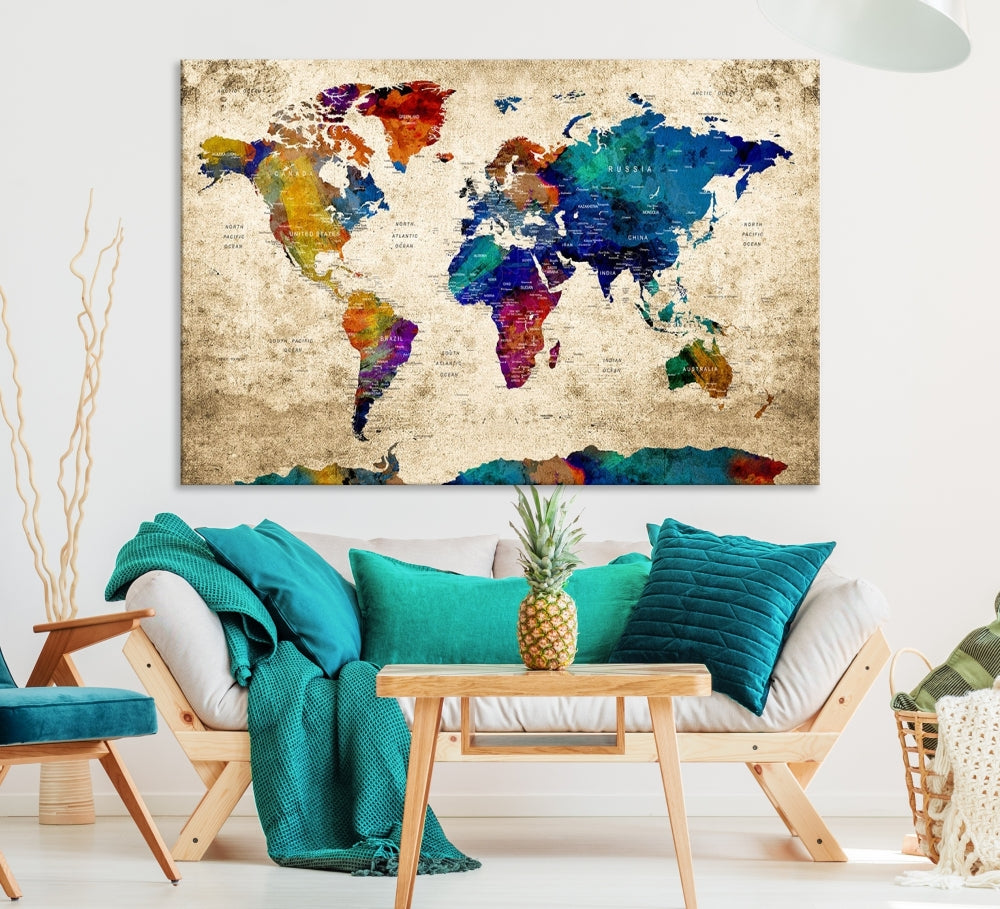 The Grunge Wall Art World Map Canvas Print is presented as a ready-to-hang triptych on museum-quality canvas.