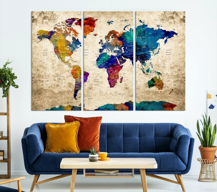 The Grunge Wall Art World Map Canvas Print is presented as a ready-to-hang triptych on museum-quality canvas.