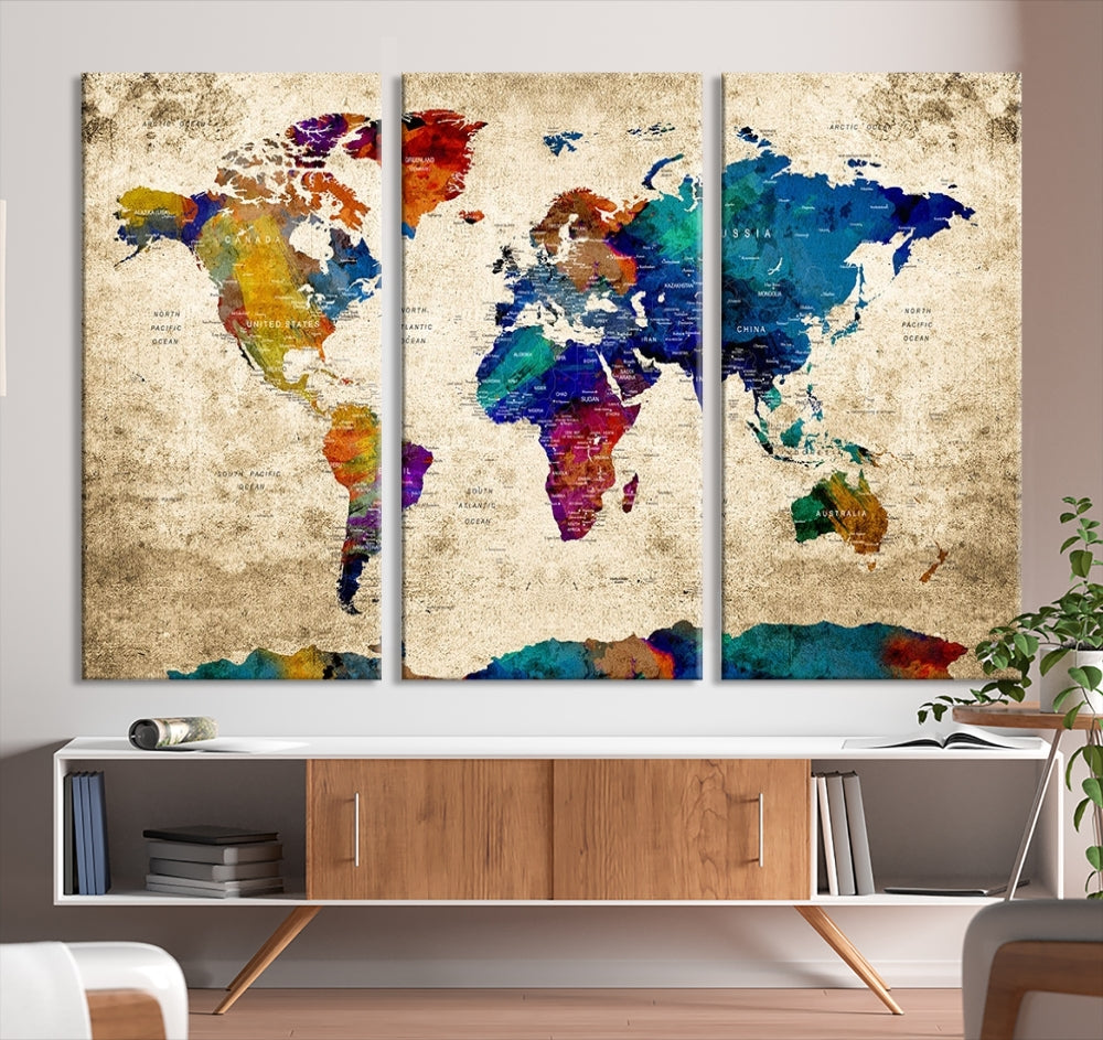 The Grunge Wall Art World Map Canvas Print is presented as a ready-to-hang triptych on museum-quality canvas.