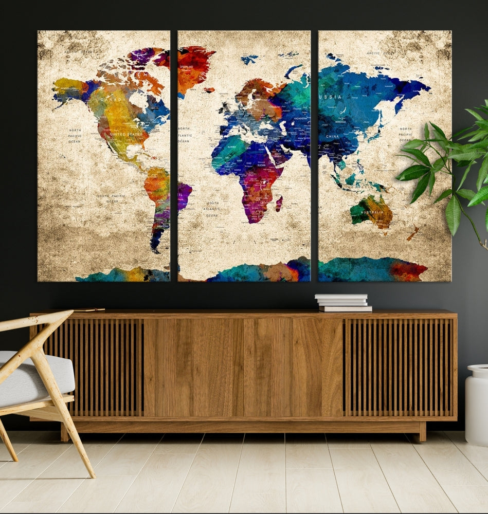 The Grunge Wall Art World Map Canvas Print is presented as a ready-to-hang triptych on museum-quality canvas.