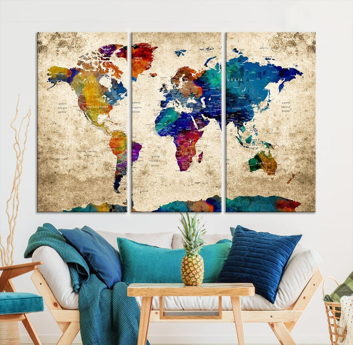 The Grunge Wall Art World Map Canvas Print is presented as a ready-to-hang triptych on museum-quality canvas.