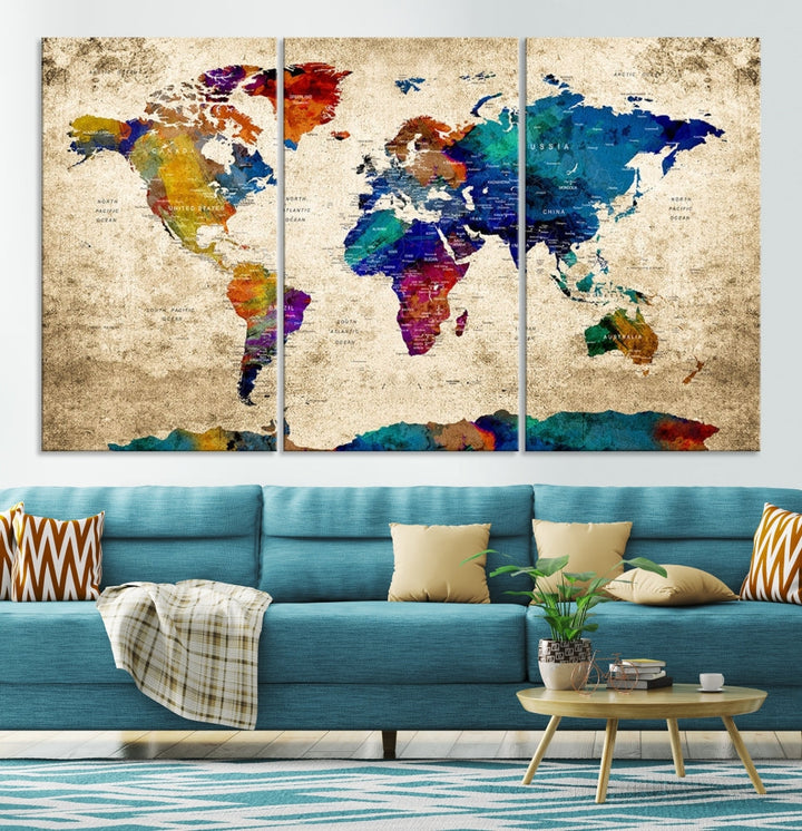 The Grunge Wall Art World Map Canvas Print is presented as a ready-to-hang triptych on museum-quality canvas.