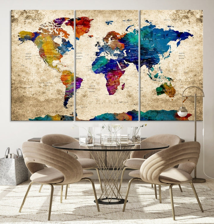 The Grunge Wall Art World Map Canvas Print is presented as a ready-to-hang triptych on museum-quality canvas.