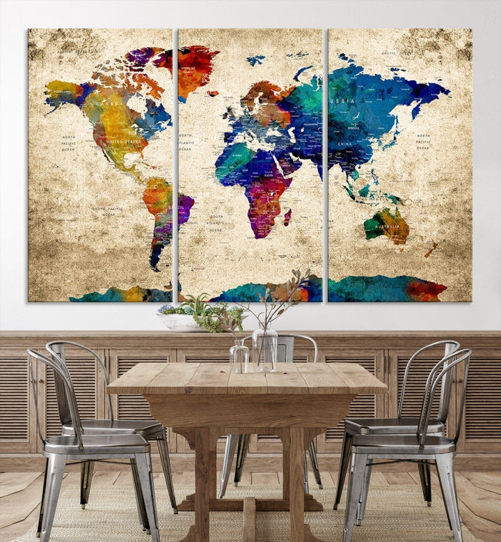 The Grunge Wall Art World Map Canvas Print is presented as a ready-to-hang triptych on museum-quality canvas.