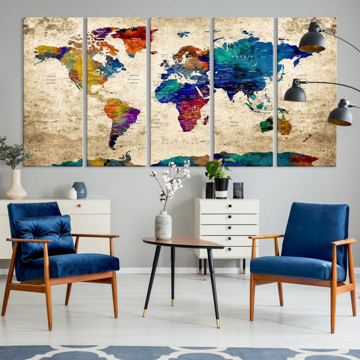 The Grunge Wall Art World Map Canvas Print is presented as a ready-to-hang triptych on museum-quality canvas.