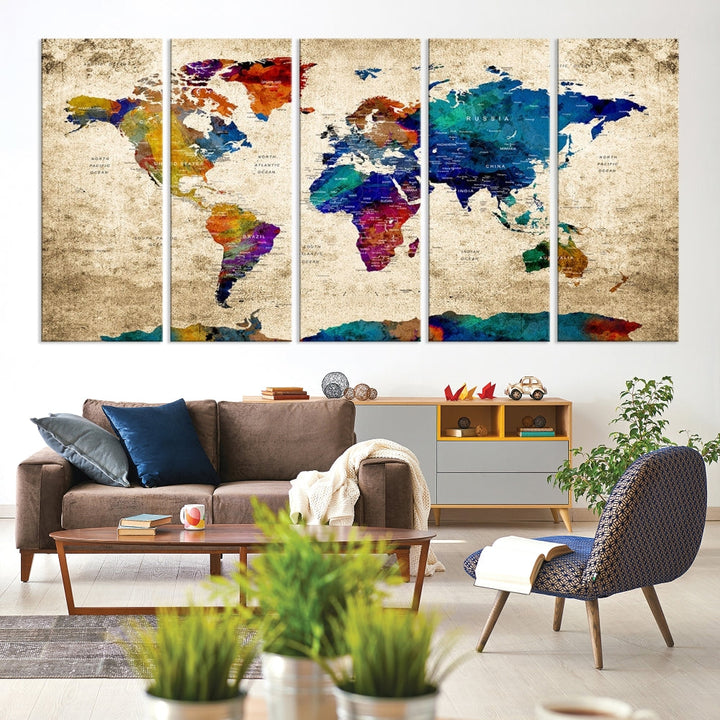 The Grunge Wall Art World Map Canvas Print is presented as a ready-to-hang triptych on museum-quality canvas.