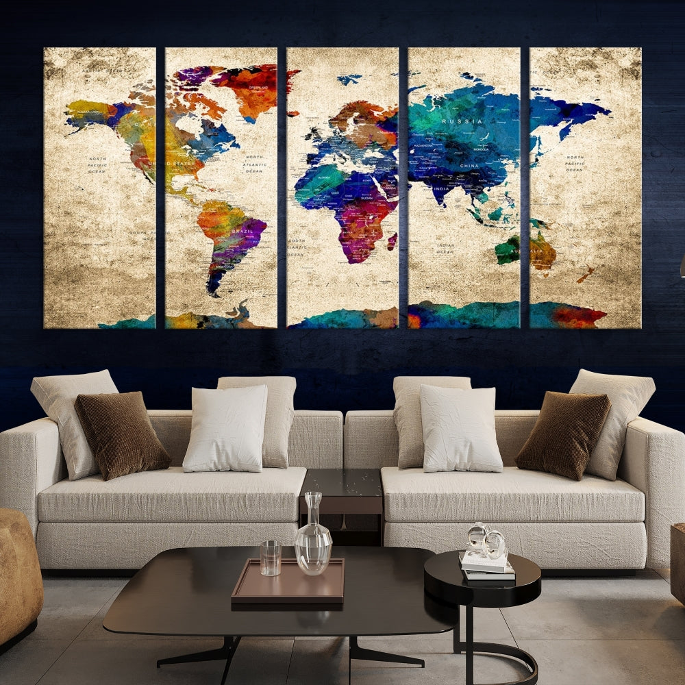 The Grunge Wall Art World Map Canvas Print is presented as a ready-to-hang triptych on museum-quality canvas.