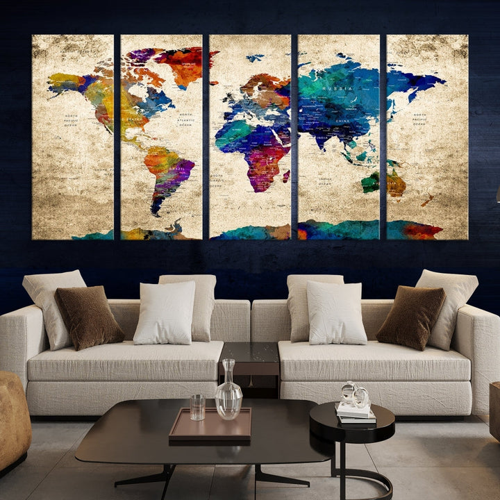 The Grunge Wall Art World Map Canvas Print is presented as a ready-to-hang triptych on museum-quality canvas.