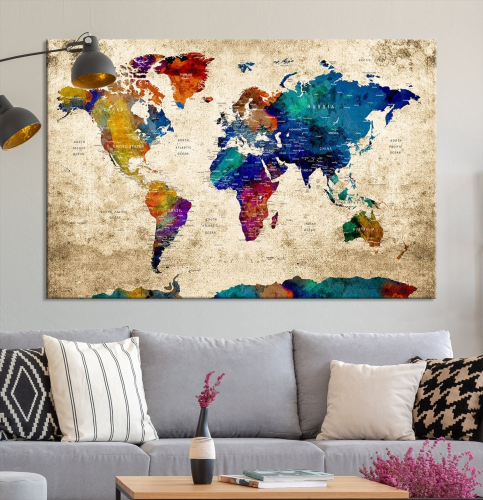 The Grunge Wall Art World Map Canvas Print is presented as a ready-to-hang triptych on museum-quality canvas.