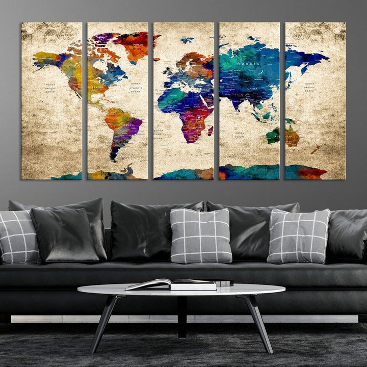 The Grunge Wall Art World Map Canvas Print is presented as a ready-to-hang triptych on museum-quality canvas.