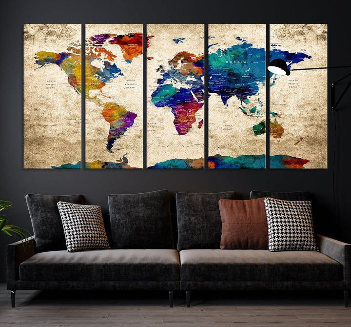 The Grunge Wall Art World Map Canvas Print is presented as a ready-to-hang triptych on museum-quality canvas.