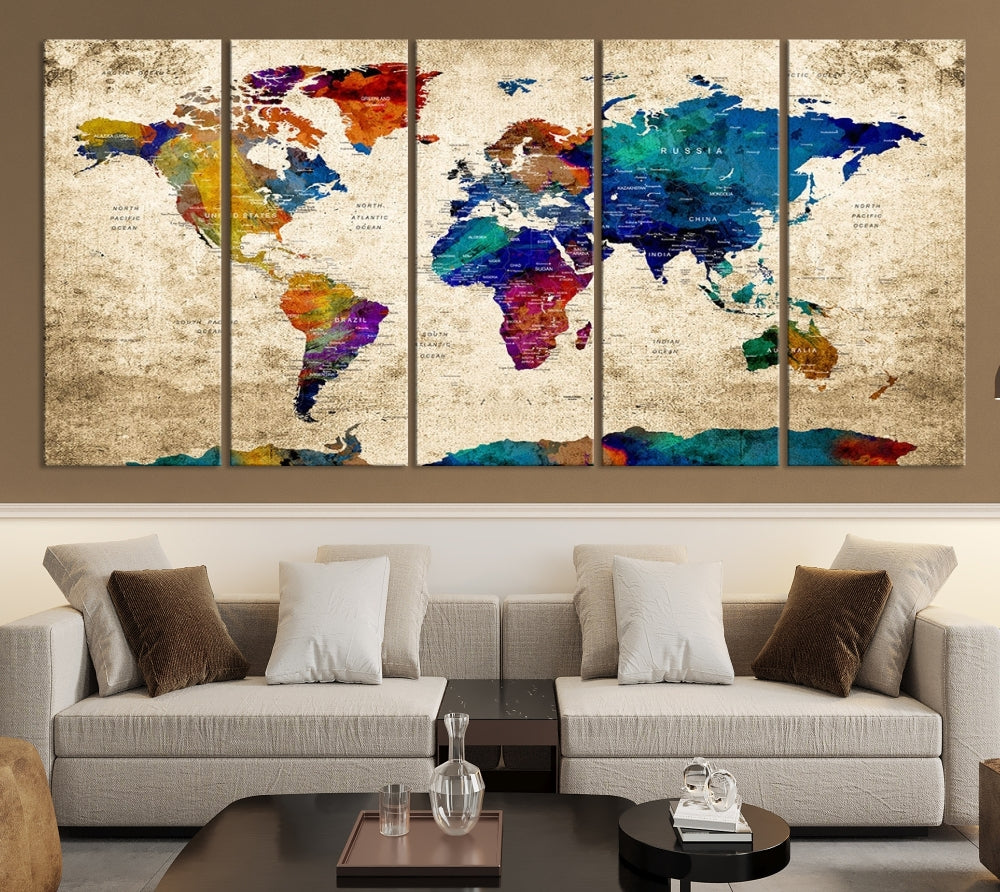 The Grunge Wall Art World Map Canvas Print is presented as a ready-to-hang triptych on museum-quality canvas.