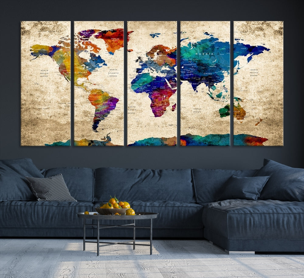 The Grunge Wall Art World Map Canvas Print is presented as a ready-to-hang triptych on museum-quality canvas.