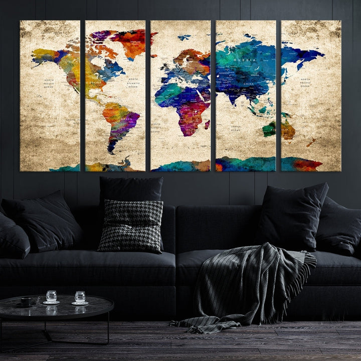 The Grunge Wall Art World Map Canvas Print is presented as a ready-to-hang triptych on museum-quality canvas.