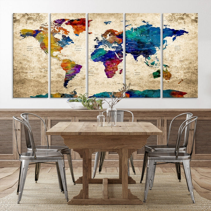 The Grunge Wall Art World Map Canvas Print is presented as a ready-to-hang triptych on museum-quality canvas.