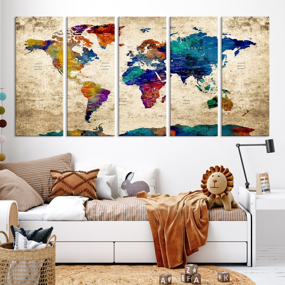 The Grunge Wall Art World Map Canvas Print is presented as a ready-to-hang triptych on museum-quality canvas.