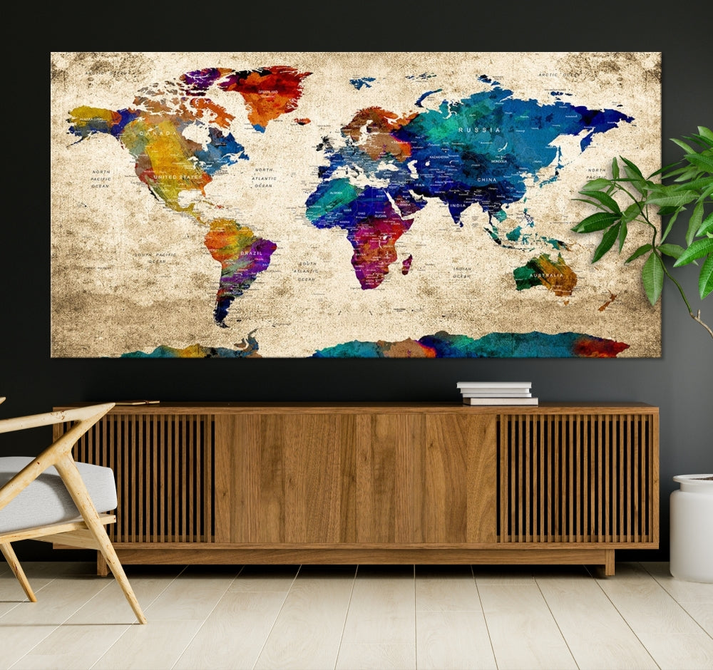 The Grunge Wall Art World Map Canvas Print is presented as a ready-to-hang triptych on museum-quality canvas.