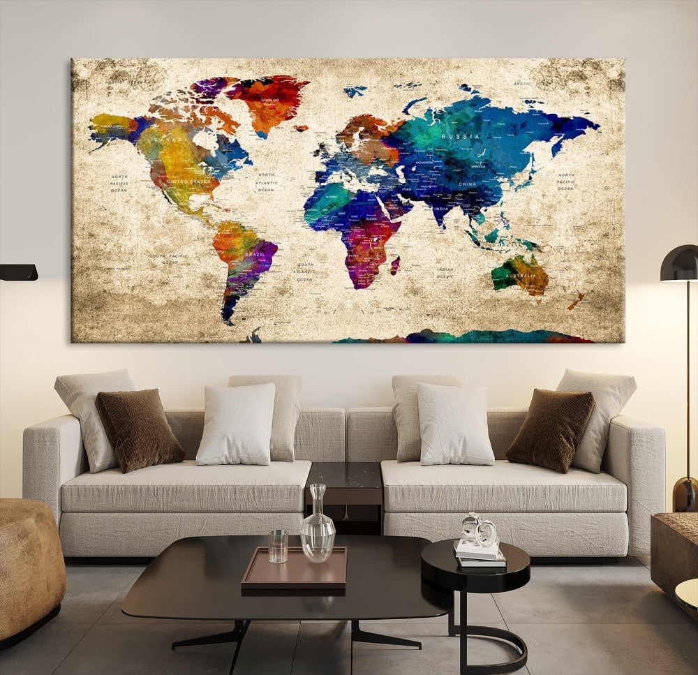 The Grunge Wall Art World Map Canvas Print is presented as a ready-to-hang triptych on museum-quality canvas.