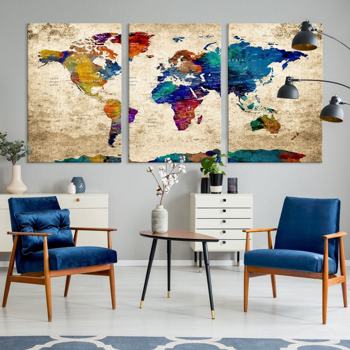 The Grunge Wall Art World Map Canvas Print is presented as a ready-to-hang triptych on museum-quality canvas.