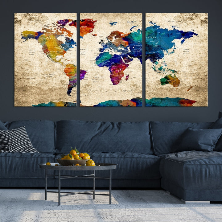 The Grunge Wall Art World Map Canvas Print is presented as a ready-to-hang triptych on museum-quality canvas.