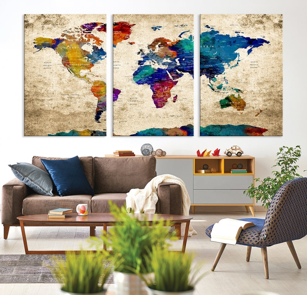 The Grunge Wall Art World Map Canvas Print is presented as a ready-to-hang triptych on museum-quality canvas.