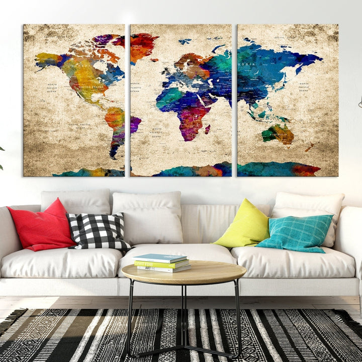 The Grunge Wall Art World Map Canvas Print is presented as a ready-to-hang triptych on museum-quality canvas.