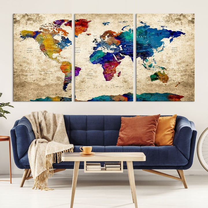 The Grunge Wall Art World Map Canvas Print is presented as a ready-to-hang triptych on museum-quality canvas.