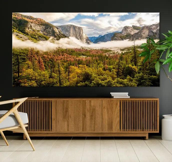 The Half Dome Yosemite Canvas Wall Art, a majestic triptych landscape print, beautifully captures the essence of misty mountains.