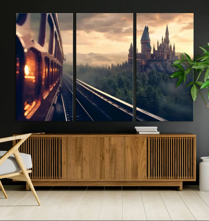 The "Harry Castle Wall Art Canvas Print," depicting a train and castle at sunrise, is elegantly featured with its gallery-quality finish in the modern living room.