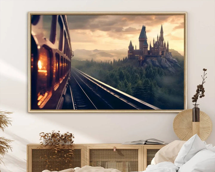 The "Harry Castle Wall Art Canvas Print," depicting a train and castle at sunrise, is elegantly featured with its gallery-quality finish in the modern living room.