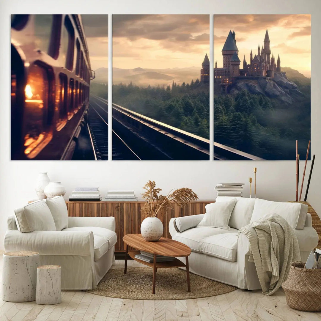 The "Harry Castle Wall Art Canvas Print," depicting a train and castle at sunrise, is elegantly featured with its gallery-quality finish in the modern living room.