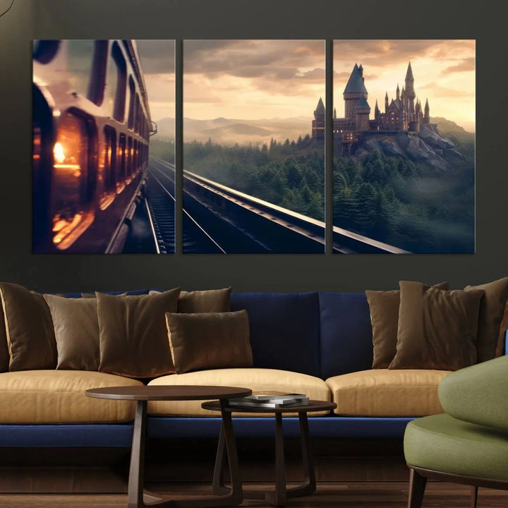 The "Harry Castle Wall Art Canvas Print," depicting a train and castle at sunrise, is elegantly featured with its gallery-quality finish in the modern living room.