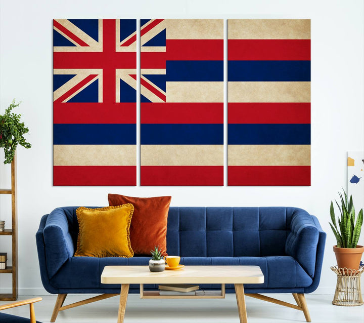 A stunning piece titled "Hawaii USA States Flag Wall Art Canvas Print" adorns the wall. This gallery-wrapped artwork is printed on museum-quality canvas and features a UV-protective coating, ensuring its vibrant colors remain timelessly beautiful.