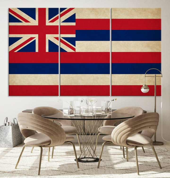 A stunning piece titled "Hawaii USA States Flag Wall Art Canvas Print" adorns the wall. This gallery-wrapped artwork is printed on museum-quality canvas and features a UV-protective coating, ensuring its vibrant colors remain timelessly beautiful.