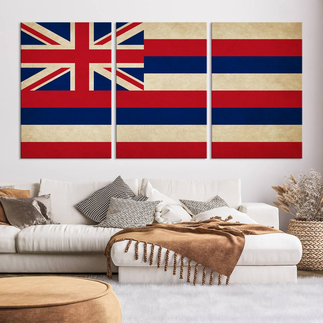 A stunning piece titled "Hawaii USA States Flag Wall Art Canvas Print" adorns the wall. This gallery-wrapped artwork is printed on museum-quality canvas and features a UV-protective coating, ensuring its vibrant colors remain timelessly beautiful.